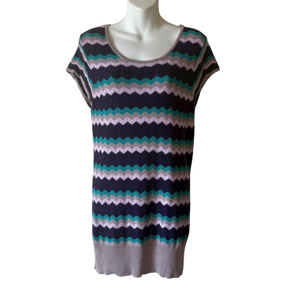Saks Fifth Avenue BLACK Sweater Tunic Dress Striped Cap Sleeve Size L